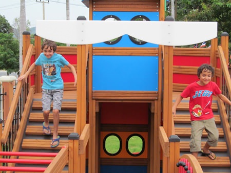Oscar and Elijah, originally from London, test out the school’s new pirate ship climbing apparatus.