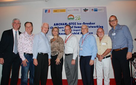 Recently, the American Chamber of Commerce Thailand (AMCHAM Thailand) hosted a joint Chamber Summer networking event at Amari Orchid Pattaya. The joint chambers consisted of the Australian Chamber of Commerce Thailand (AustCham), British Chamber of Commerce Thailand (BCCT), South African Chamber of Commerce Thailand (SACC), and the German-Thai Chamber of Commerce (GTCC) who were warmly welcomed as a new participant to the joint Chamber events. All members were welcomed by Brendan Daly, General Manager of Amari Orchid Pattaya.  (L to R) Brendan Daly, General Manager of Amari Orchid Pattaya; Simon Matthew, Vice Chairman of BCCT; Karl-Heinz Heckhausen, President of GTCC; Judy A. Benn, Executive Director of AMCHAM Thailand; Matthew Bradley, President of AMCHAM Thailand; David R. Nardone, President & Chief Executive Officer of Hemaraj Land and Development Public Company Limited; David Bell, Director of AustCham Thailand; Jorg Buck, Executive Director of GTCC.