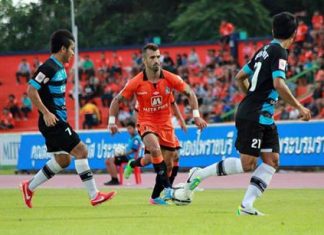 United suffer another loss on the road Ratchaburi FC forward Douglas (center) takes the ball downfield during the first half of their Thai Premier League fixture against Pattaya United at the Ratchaburi Stadium, Sunday, August 11. (Photo courtesy Ratchaburi FC Fan Club)