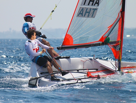Don and Dylan Whitcraft power there 29er class boat to another strong finish at the ISAF Youth Worlds. (Photo/ISAF Youth Worlds 2013)