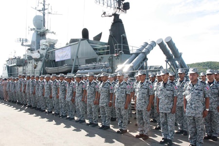 281 Thai sailors line up in front of the HTMS Sukhothai whilst preparing to sail to Indonesian waters for this year’s Sea Garuda joint military exercises.