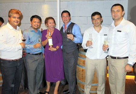 (L to R) Tony Malhotra, Asst MD of Pattaya Mail Media Group, Anuchit Saeng-on, MD of i easywine, Janjira Buanlee, PR Manager, Laurent Scire, F&B director, Marc Merhej, F&B marketing and events manager and Dmitry Chernyshev, EAM of Pullman Pattaya Hotel G.
