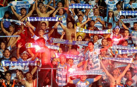United fans celebrate a vital victory for their team. (Photo courtesy Pattaya United FC)