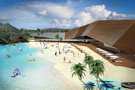 This computer graphic shows the MahaSamutr resort clubhouse and lagoon pool.