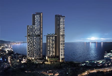 A computer graphic shows the twin towers of The Riviera condominium in Wongamat.