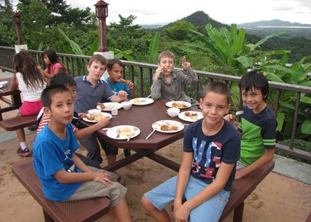 The year 5 boys enjoy their evening meal whilst taking in the spectacular scenery.