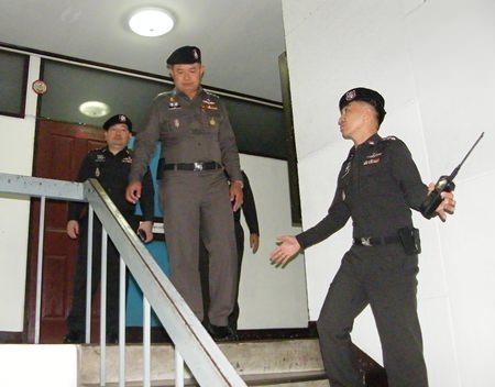 Newly installed Region 2 police commander Lt. Gen. Kawee Suphanant (top of stairs) expressed his discontent with the lack of cleanliness at Pattaya Police Station.