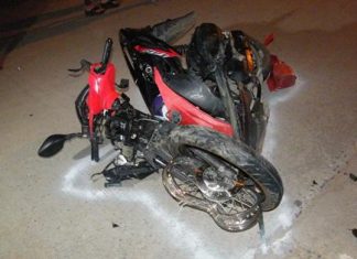 The new motorbike was hardly recognizable after the youngster driving it hit a pickup truck head on.