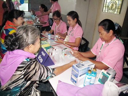 Residents have their blood-sugar levels checked during a Sept. 24 diabetes-awareness day at the Queen Sirikit Naval Medical Center.