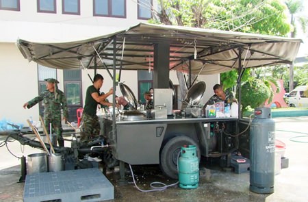 This modern day military chuck wagon, which can produce up to 7,000 meals daily, is being used to help flood victims.