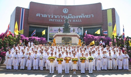 Novice monks line up outside City Hall at last year’s dedication to HM the King.
