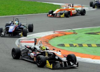 Sandy Stuvik (bottom) steers his car through the chicane while leading at the Monza Circuit in Italy, Sunday, Oct. 6.
