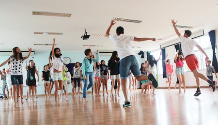 Aiming high! Former pop star Noel Sullivan and West End star James Bennett prepare for the flashmob.
