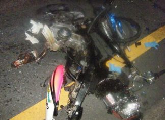 This motorbike is almost unrecognizable after the collision. The other (not shown) was also clearly demolished.