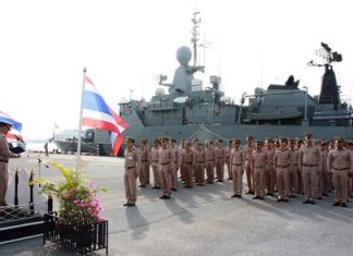 Rear Adm. Ratsadang Theeranet dispatches Frigate Squadron 2 from the Sattahip Naval Base for the SingSiam Naval Exercises.