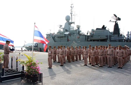 Rear Adm. Ratsadang Theeranet dispatches Frigate Squadron 2 from the Sattahip Naval Base for the SingSiam Naval Exercises.