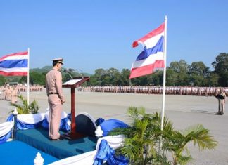 Capt. Wiwat Hajarern addresses the 4,000+ new Royal Thai Navy recruits in Sattahip.