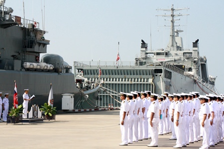 Sailors line up to receive orders for the Royal Thai Navy’s 2nd Frigate Squadron end-of-year war games.