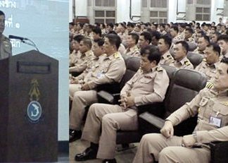 Rear Adm. Somchai Na Banchang (left) opens training for Frigate Squadron 1’s end-of-year Navy exercises.
