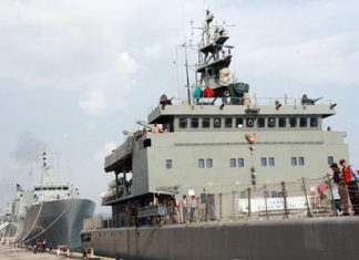 The HTMS Sichang (foreground) and HTMS Angthong (background) are loaded and on their way to help relief efforts in the Philippines.