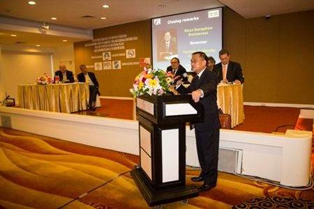 TAT Governor Suraphon Svetasreni addresses the Thailand Tourism Marketing Safety and Security Forum in Bangkok.