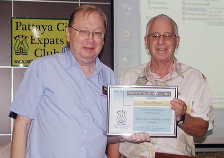 MC Richard Silverberg presents Steve with a Certificate of Appreciation for his excellent and informative presentation.