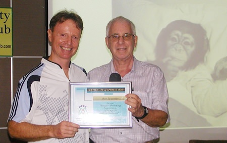 MC Richard Silverberg presents Ren with a Certificate of Appreciation as thanks for his interesting and controversial presentation.