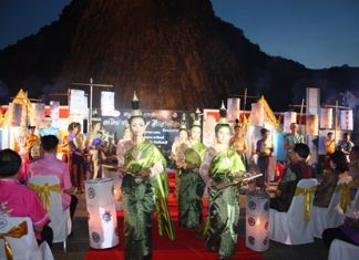 Actors provide a sample of this weekend’s Big Buddha Mountain lantern festival during the press conference to announce the event.