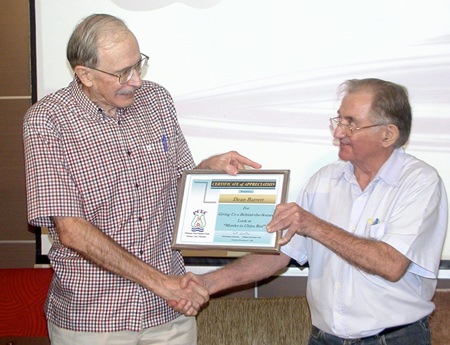 Board member Lawrie McLoughlin presents Dean with a Certificate of Appreciation as thanks for a very informative talk and a new and interesting subject for most of the audience.