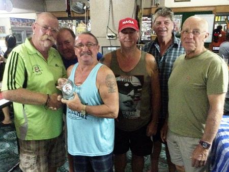 Fred Dineley (3rd left) accepts the Monthly Mug from Peter Grey (left), with JJ Harney, Geoff Phillips, Gary Monley & John Davis looking on.