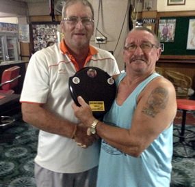 Peter Blackburn (left) presents the Kevin Grose Memorial Shield to Fred Dineley.