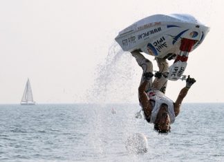 Masao Noguchi of Japan performs a spectacular somersault during the Pro Freestyle competition at the 2013 King’s Cup Jet-Ski World Cup Grand Prix held at Jomtien Beach from Dec. 4-8. Thailand had a successful week, winning 4 out of the 5 main categories.