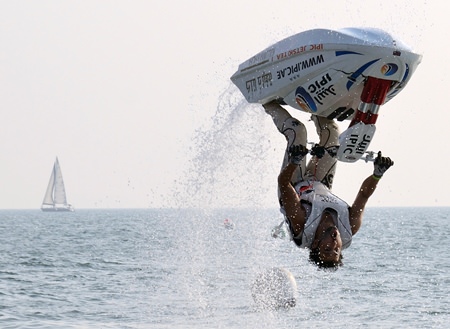 Masao Noguchi of Japan performs a spectacular somersault during the Pro Freestyle competition at the 2013 King’s Cup Jet-Ski World Cup Grand Prix held at Jomtien Beach from Dec. 4-8.  Thailand had a successful week, winning 4 out of the 5 main categories.