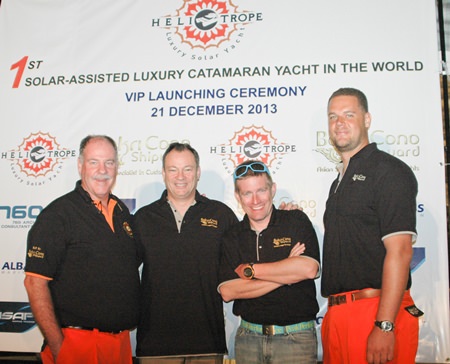 Bakri Cono Shipyard Director of International Sales Philippe Guenat (left) and MD Bernard Lamprect (right) proudly welcome former astronaut Michael Lopez-Alegria (2nd left) and Eco Adventurer Raphael Domjan (2nd right) two distinguished members of the Bakri Cono technical advisory board at the launch of the Heliotrope, the 1st solar assisted luxury catamaran yacht in the world.