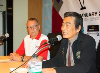 Pattaya Property Show organizer Mike Bridge (left) listens in as Deputy Mayor Ronakit Ekasingh (right) talks about how Pattaya has became a focal point for investment in the real estate sector.