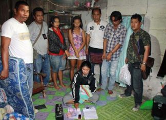Yapapon Ueaphuea (on floor) was arrested for the 4th time, along with 3 of her customers (background) on drugs offenses.