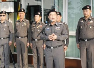Advisor Gen. Wuthi Liptapanlop and Assistant Commissioner Lt. Gen. Jaktip Chaijinda dispatch New Year’s troops in Pattaya.