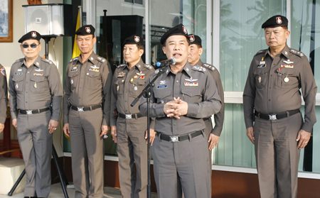 Advisor Gen. Wuthi Liptapanlop and Assistant Commissioner Lt. Gen. Jaktip Chaijinda dispatch New Year’s troops in Pattaya.