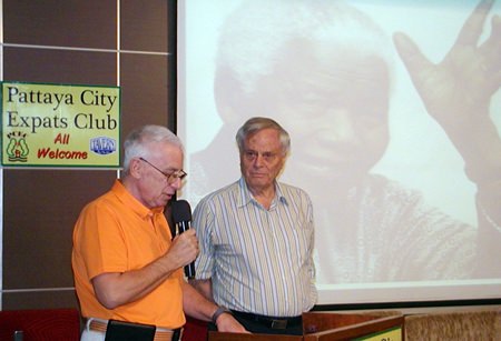 Guest speaker for Pattaya City Expats Club on 19th of January was member Desmond Bishop; his topic was “personal reflections on Nelson Mandela”. Here MC Richard Silverberg introduces Desmond.
