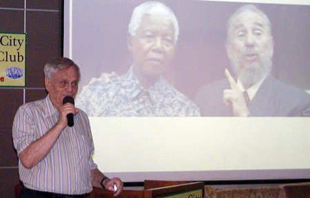 Desmond spoke of Mandela’s life, and how he was inspired by Mahatma Gandhi; he spent 27 years in prison for opposing apartheid, and when released refused to seek revenge. Picture shows Mandela as President of South Africa with the President of Cuba, Fidel Castro.