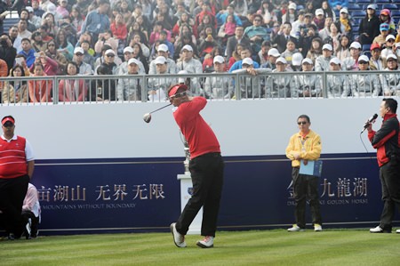 Thailand’s Thongchai Jaidee tees-off at the Dragon Lake Golf Club during the recent Royal Trophy tournament.