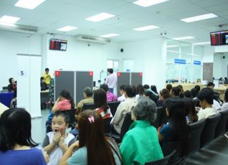 Big crowds swamp Pattaya’s passport office on the first day of reopening after having been closed for 27 days.