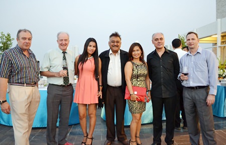 (L to R) Rene E.H. Pisters, GM of the Thai Garden Resort Pattaya; Dr Iain Corness; Nattakarn Sinprasom; Peter Malhotra, Managing Director of the Pattaya Mail Media Group; Ploy Pisters, Luciano Lillus, General Manager of the Sunshine Hotels & Resorts Pattaya; and Danilo Bockert, Deputy General Manager of the Thai Garden Resort Pattaya getting ready for the Skål meeting.