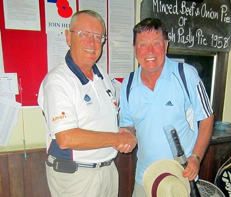 Dick Warberg (left) presents the MBMG golfer of the month award to John Hackett.