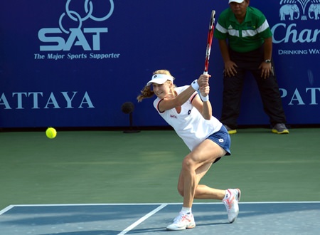 Makarova fires a backhand winner down the line.
