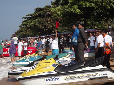 Jet-skis line up on the Jomtien shoreline, ready to do battle in the Feb. 8-9 competition.