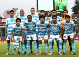 Pattaya United line up prior to their Division 1 opening fixture against Phuket FC, Sunday, Feb. 23. (Photo courtesy Pattaya United FC)