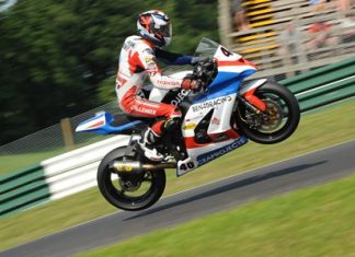 Ben Fortt goes airborne at Cadwell Park race track in Lincolnshire, England.