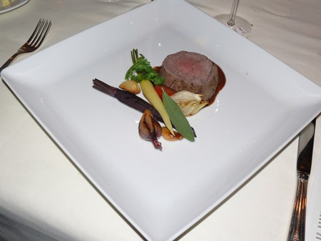 The main course was Australian Black Angus beef tenderloin on roasted vegetables accompanied by white truffle oil enhanced with red wine jus.