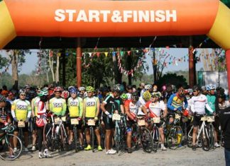 Cyclists assemble at the starting line.